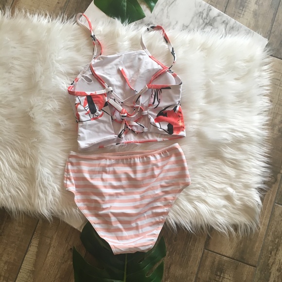 High Waisted Stripe & Floral Bikini Strappy Back - Picture 6 of 7